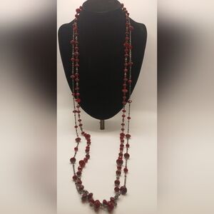 Long Blood Red Fasceted Double Strand Acrylic Beaded Neacklce 21"